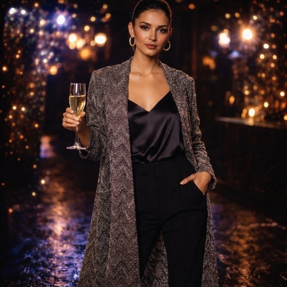 Silver Metallic Chevron Duster Studio 54 Disco Glam Shimmer Evening Jacket